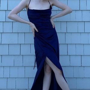 Lace Up Back Crush Velvet Navy Full-Length Dress